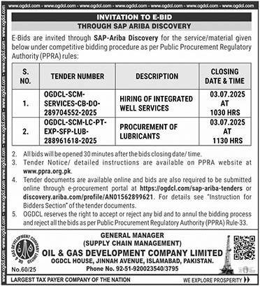 Oil & Gas Development company Limited Islamabad Tender Notice